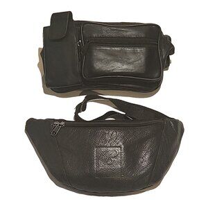 2 Vintage BALLY + KGN Black leather fanny pack belt bag adjustable crossbody